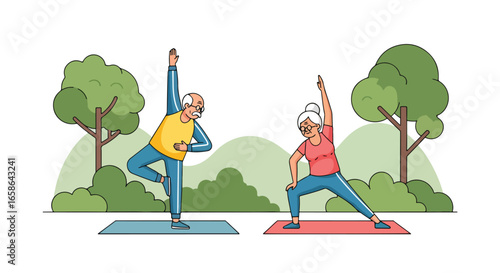 Elderly couple practicing yoga outdoors on mats, stretching and balancing in park. Healthy senior lifestyle illustration promoting fitness, relaxation, and active aging
