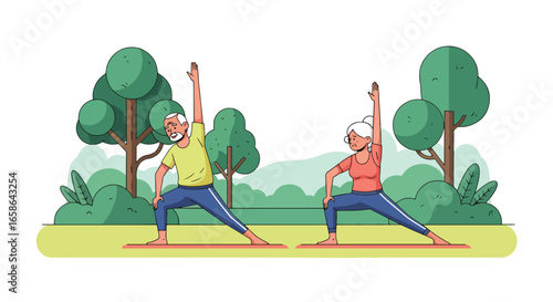 Elderly couple practicing yoga outdoors on mats, stretching and balancing in park. Healthy senior lifestyle illustration promoting fitness, relaxation, and active aging