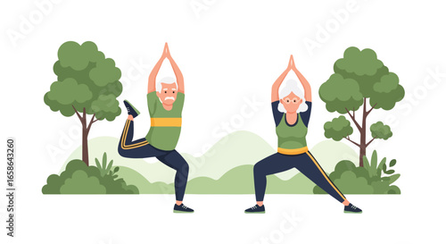 Elderly couple practicing yoga outdoors on mats, stretching and balancing in park. Healthy senior lifestyle illustration promoting fitness, relaxation, and active aging