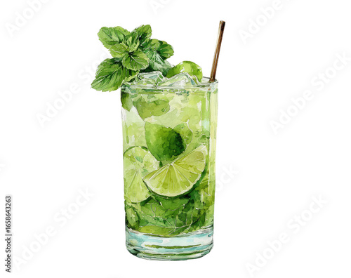 Vibrant watercolor illustration of a refreshing mojito