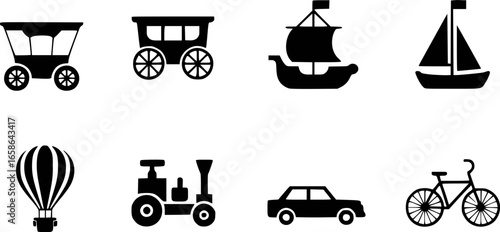 Vintage carriage hot air balloon sailing ship train car bicycle wagon horse drawn