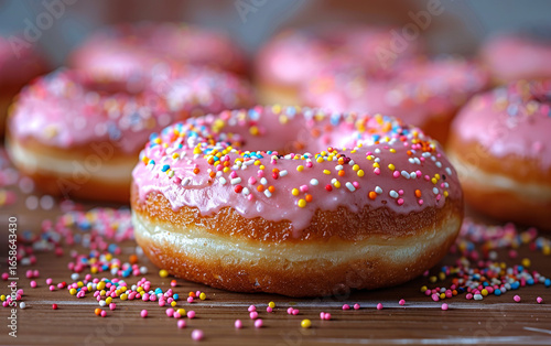 Pink glazed donut with sprinkles sits on wood. Food photography, branding, posters.