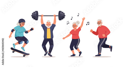Active senior couple illustration showing elderly people skateboarding, weightlifting, dancing, and jogging. Perfect for promoting healthy lifestyle, fitness, and aging well