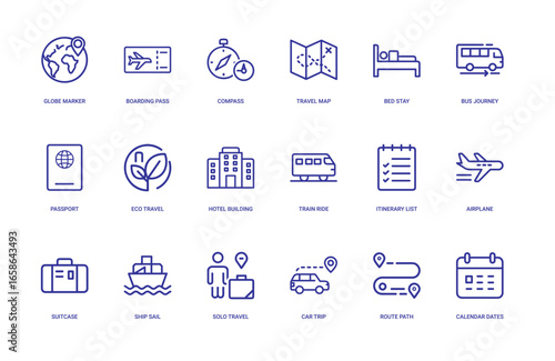 collection blue travel planning icons