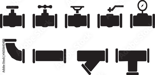 Water, oil or gas pipeline with fittings and valves. Pipeline and black tap, open, close. Globe valve icon or pictogram. Vector pipe fitting symbol. 
