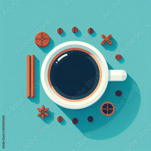 A vibrant coffee cup surrounded by coffee beans and spices on a teal background
