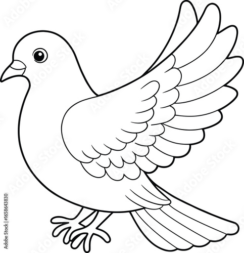 Flying dove outline illustration in black and white featuring detailed wings ideal for coloring and educational purposes