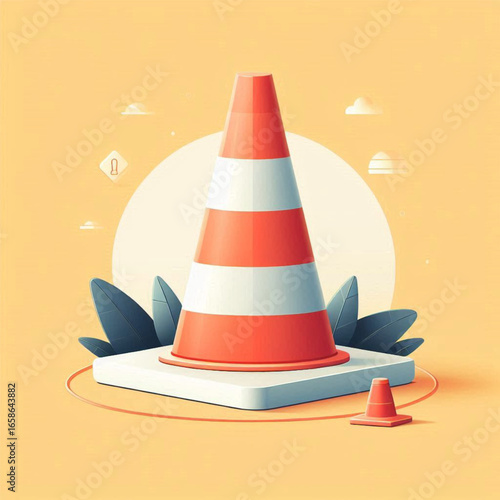 A vibrant illustration of a traffic cone surrounded by greenery and a soft sunset backdrop