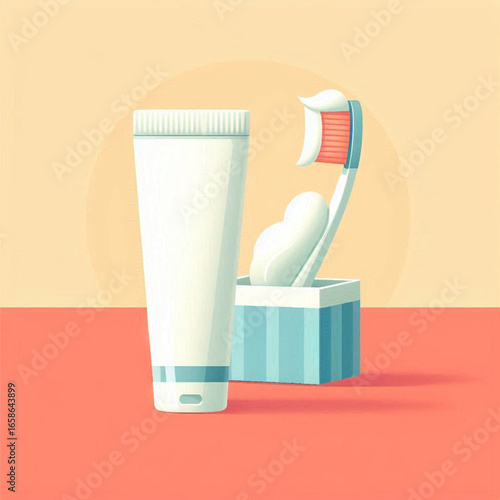 A vibrant illustration of a toothpaste tube and toothbrush in a minimalist bathroom setting