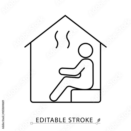 Sauna line icon with editable stroke. Vector outline symbol of relaxation in steam room with person sitting inside house. Minimalist wellness, spa, hot bath, heat therapy and leisure concept.