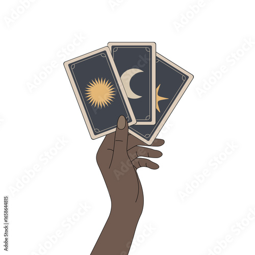 African American female hand holding tarot cards, minimalism, isolated on white, fortune telling