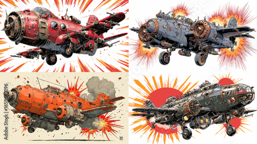 Retro steampunk fighter aircraft in dynamic motion with mechanical engines and explosive backgrounds. Action-packed sci-fi aviation art full of metallic details.