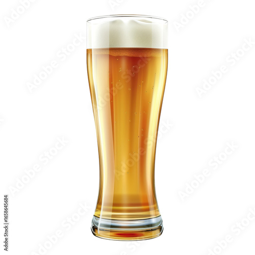 Refreshing beer in tall glass with foam, golden liquid, and bubbles