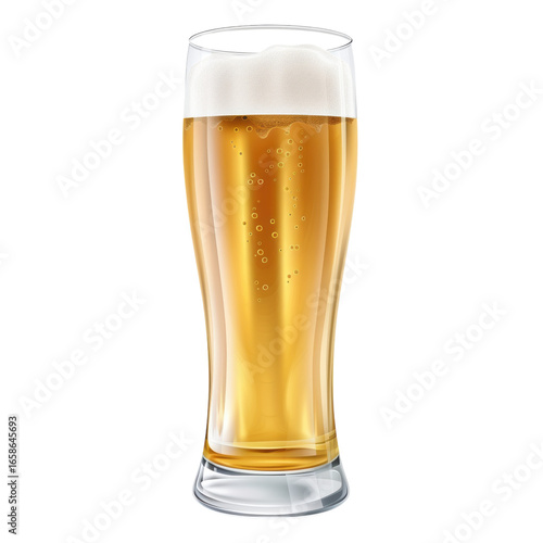 Refreshing golden beer in a tall glass with bubbles and foamy head