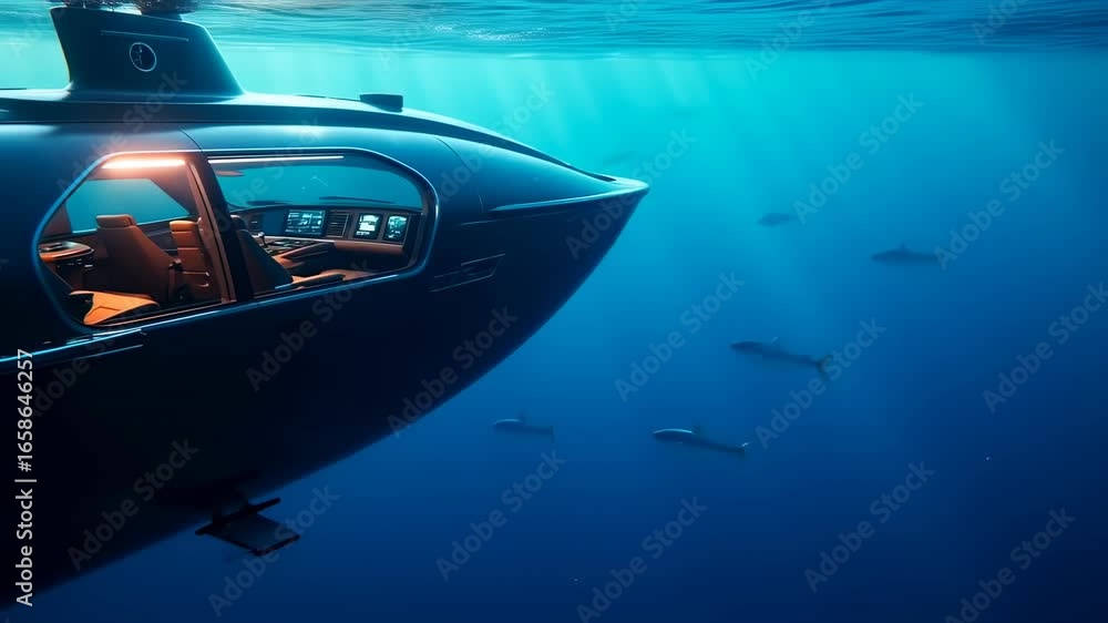 Luxury Submarine Exploring the Deep Ocean with Interior View and ...