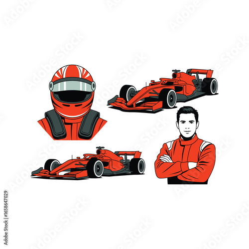 Formula 1 racing elements with driver helmet and cars
