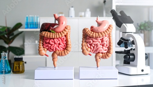 Two anatomical models of the digestive system in a lab setting