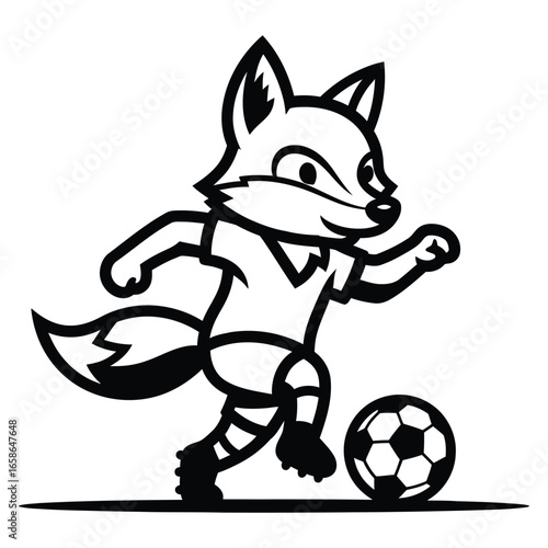 Cartoon fox playing soccer kicking a ball on a white background football