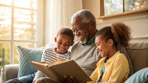 grandfather reading a storybook to his grandchildren
