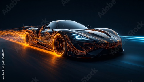 Futuristic sports car with glowing orange and blue light trails on a dark background