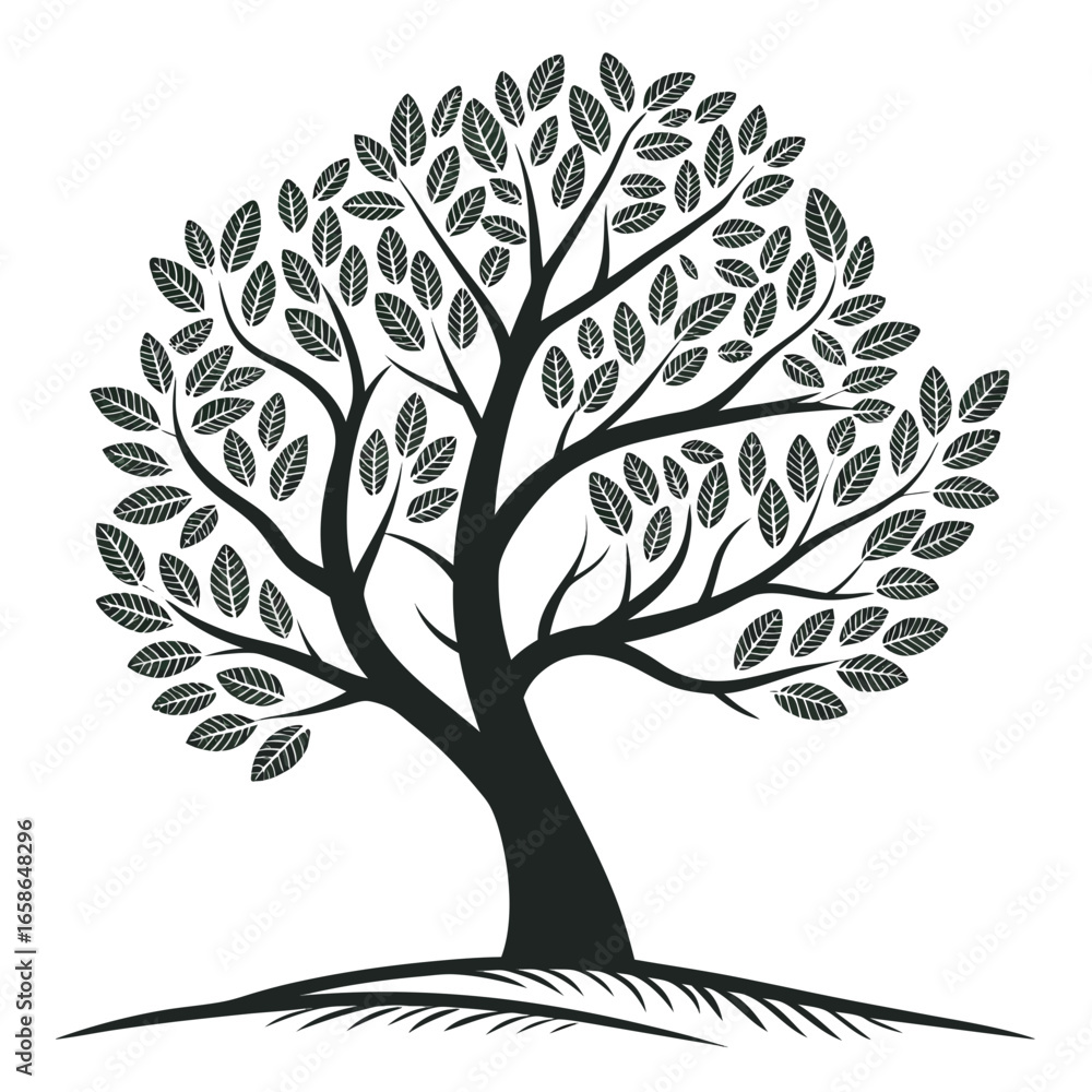 Obraz premium Elegant Silhouette Tree with Leaves Branches and Roots Isolated on White Background for Design and Decoration Projects