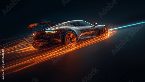 Futuristic sports car with glowing light trails on a dark background
