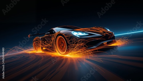 Futuristic sports car with glowing orange energy trails and bright headlights