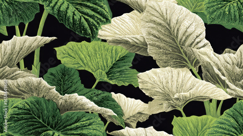 Large tropical dieffenbachia leaves with bold green and cream variegation on a dark background