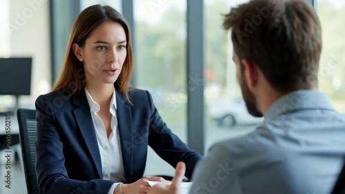 Wallpaper Mural Caucasian human resources manager conducts formal job interview with young applicant in office. Female executive sits behind desk, looks at male candidate resume, asks professional. Torontodigital.ca
