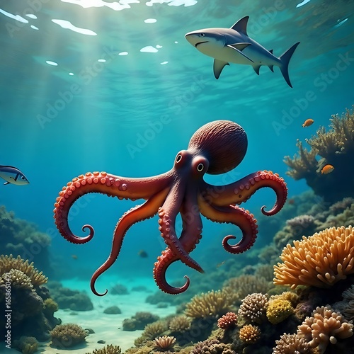 Cartoon Octopus Underwater with Shark and Coral Reef