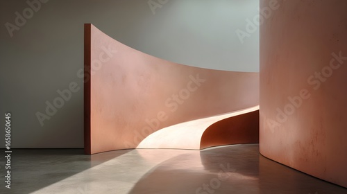 Modern Minimalist Interior with Sculptural Terracotta Walls and Dynamic Sunlight Shadows