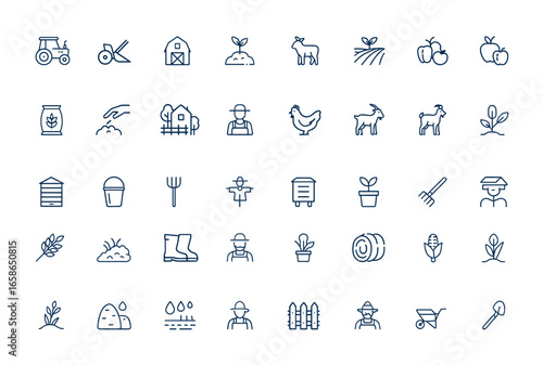 Linear style line icons set featuring farming, agriculture, livestock breeding, animal husbandry, and farm concepts. Editable stroke infographic pictogram outline icons, rural, crops and more.