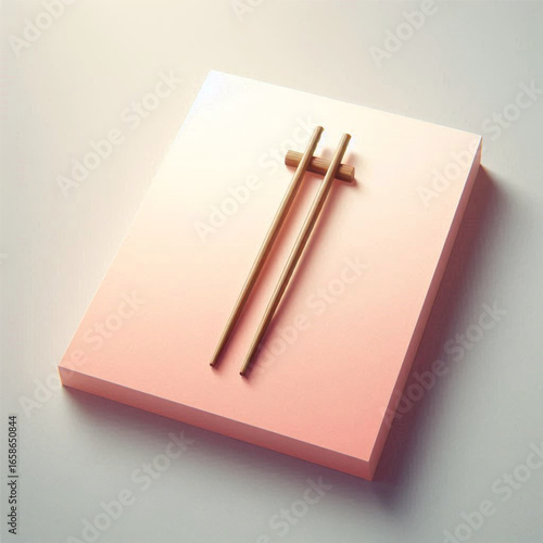 Minimalistic pink notepad with wooden chopsticks placed diagonally, soft light background