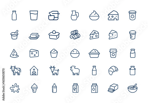 Linear outline icons set featuring natural milk and dairy products, fermented milk, cheese, cream, sour cream, cottage cheese. Web vector line icons for fresh cow milk, dairy industry and more.