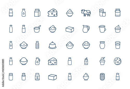 Linear outline icons series featuring natural milk and dairy products: fermented milk, cow's milk, cheese, cream, sour cream, cottage cheese. Web icons for food, dairy, nutrition and more.