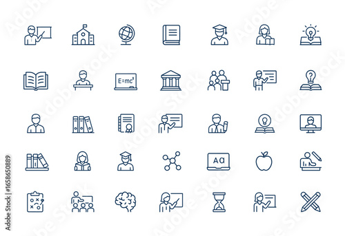 Linear style outline icons set featuring education, teaching, teacher, knowledge, school, university, books, infographic, and conceptual pictograms for learning and academic themes and more.