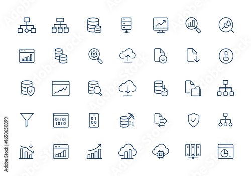 Linear style outline icons set featuring digital data processing, database management, server storage, data analysis, optimization, retrieval, pictograms, and infographics, vector symbols, and more.