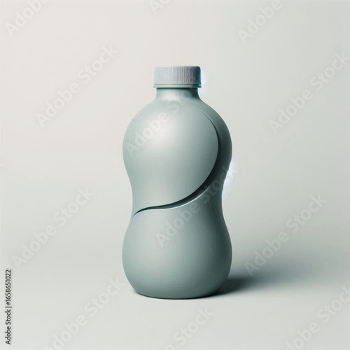 Minimalistic view of a uniquely shaped bottle against a soft, neutral background, emphasizing design