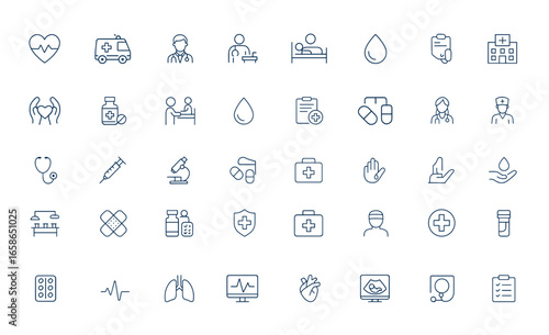 Healthcare and medical line icon set, heart, ambulance, hospital, doctor, patient, treatment, blood transfusion, care, medicine, wellness, emergency, health services, vector, outline and more.
