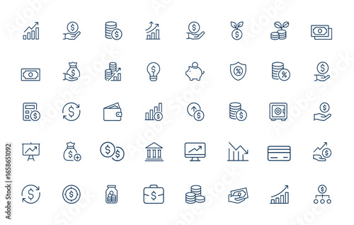 Profit and financial growth line icons. Money, earnings, income, cash, investment, savings, economic success, wealth symbols, outline vector icons in linear style, pictogram design and more.