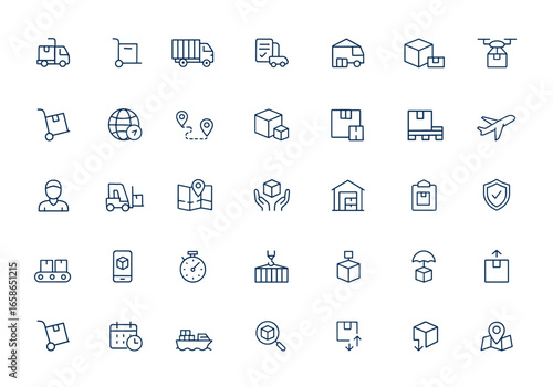 Logistics and shipping icon line set. Vector outline icons of cargo transportation, delivery truck, package, freight, shipment, parcel, transport, courier, distribution, cargo load, pictogram and more