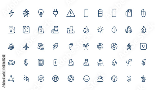 Power and energy line icons. Outline vector linear style pictograms electricity, fuel, solar, wind, water energy resources, renewable energy, green power, eco energy, sustainable energy, and more.