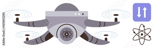 A multi-rotor drone equipped with a camera, surrounded by science and data movement icons. Ideal for technology, innovation, science, research, artificial intelligence, automation, exploration