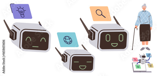 Three AI robots displaying icons for ideas, connectivity, and exploration near an elderly individual using a walking cane with assistive technology. Ideal for technology, innovation, AI in