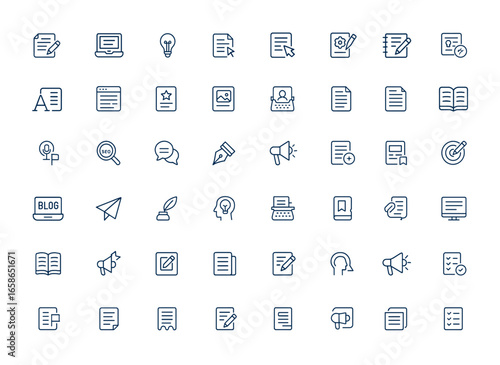 Linear outline icon pack for copywriting, content creation, SEO, blog, storytelling, article, author, writing, and more. Editable vector pictograms for digital marketing, media and more.