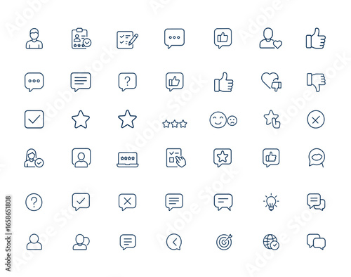 Linear style outline icons for user feedback, review, survey, comment, opinion, like, dislike, content interaction, social response, rating, communication, vector, pictogram, interface and more.