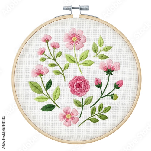 Floral Embroidery in Hoop: An exquisite handcrafted embroidery, featuring a captivating arrangement of pink flowers and vibrant green leaves, delicately stitched onto a stretched fabric.