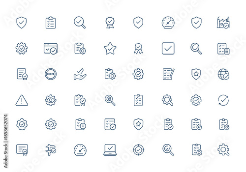 Linear quality control icons in outline style. Quality check, testing, inspection, evaluation, assurance, production, verified, checked, audit, process, compliance, standard and more.