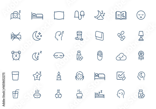 Sleeping person and sleep icons, night rest symbols, bed, pillow, earplugs, moon, lullaby, bedtime story, sleeping pills, outline vector pictograms, relaxation, insomnia aid, rest and more.