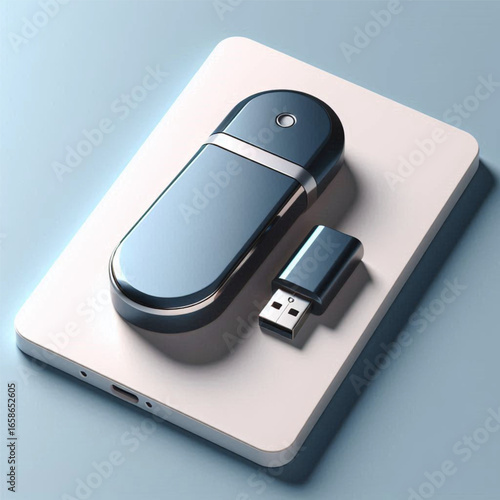 Modern USB device and flash drive on a sleek surface, showcasing technology and design